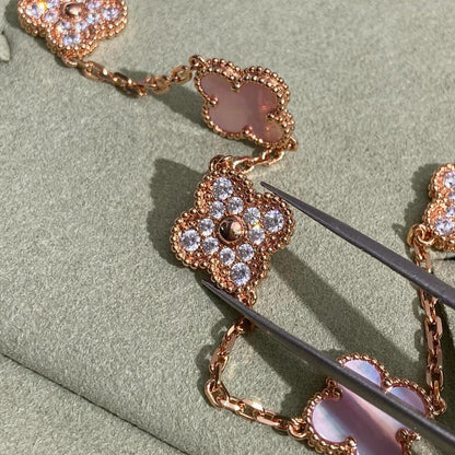 [baslovejewels]CLOVER 10 MOTIFS DIAMOND PINK MOP NECKLACE