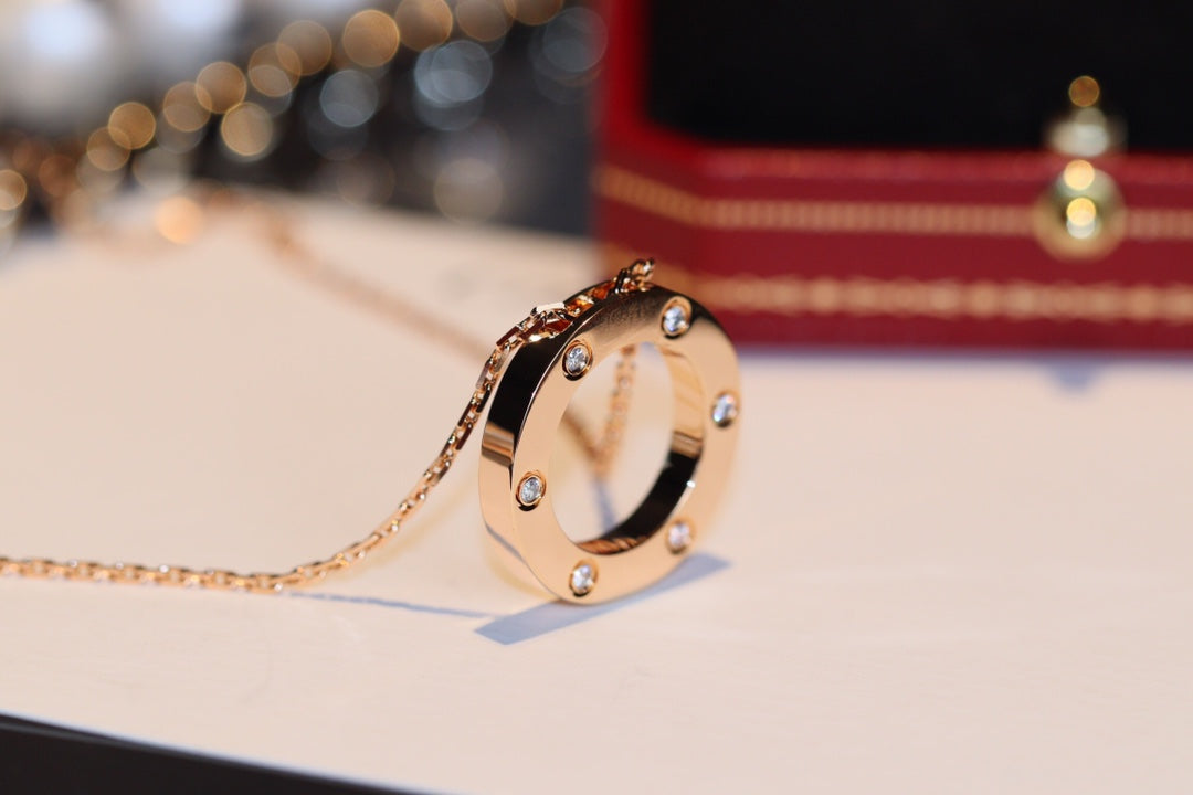 [baslovejewels]LOVE NECKLACE 16MM 6 DIAMONDS PINK GOLD