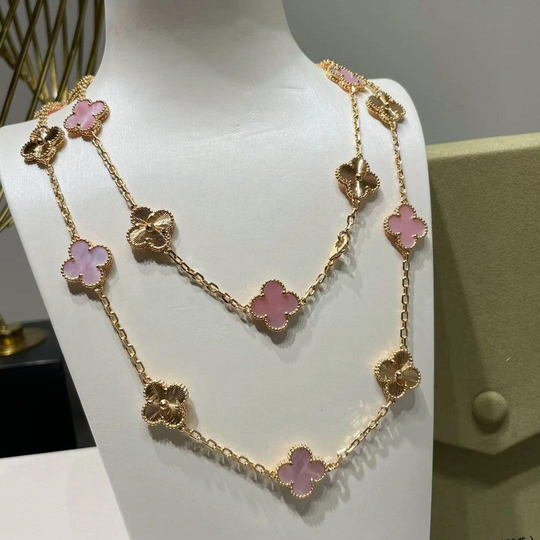 [baslovejewels]CLOVER 20 MOTIFS LASER PINK MOP NECKLACE