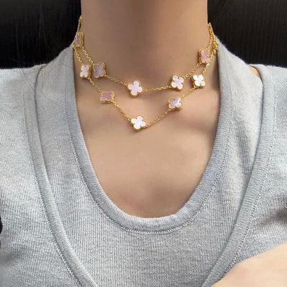 [baslovejewels]CLOVER 20 MOTIFS PINK MOP NECKLACE