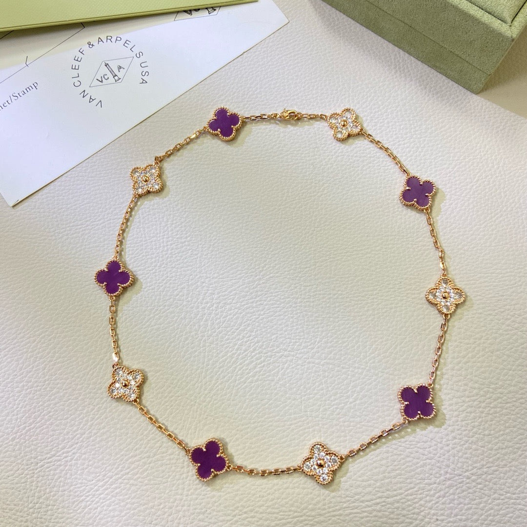 [baslovejewels]CLOVER 10 MOTIFS  PURPLE VIOLET DIAMOND NECKLACE